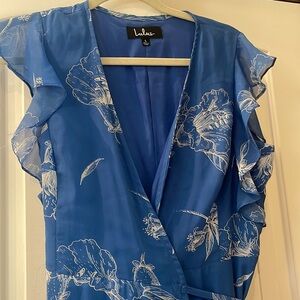 Cornflower blue with white floral wrap dress